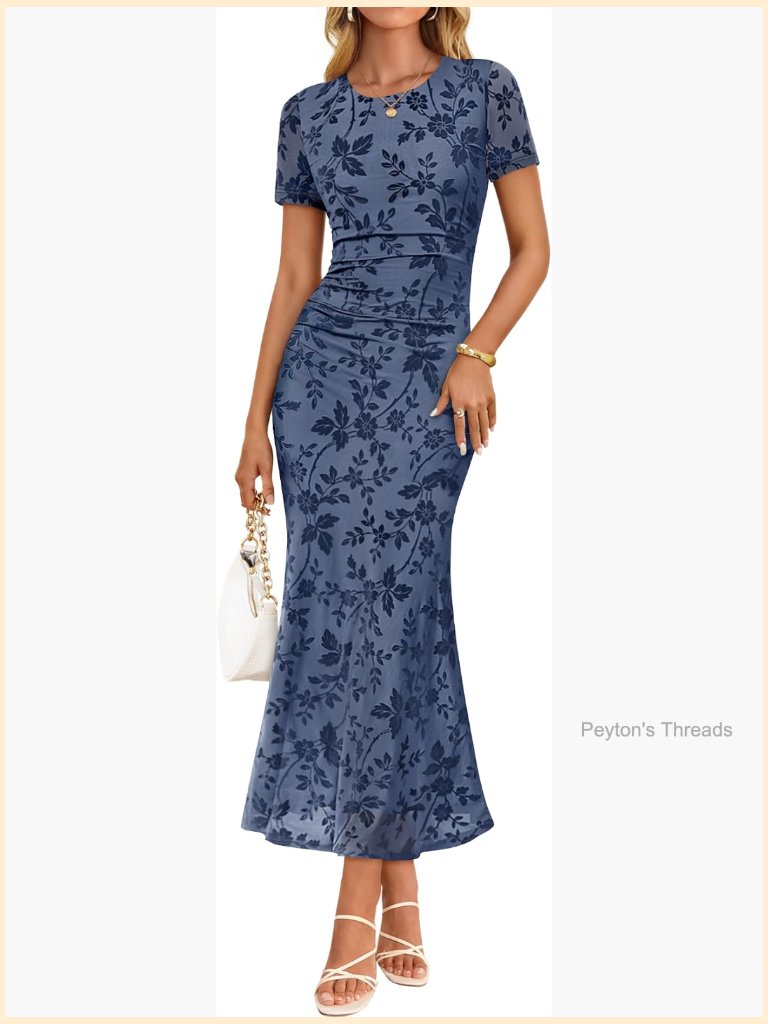 Ruched Mesh Bodycon Maxi Dress With Sheer Sleeves Formal Wedding Guest